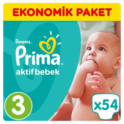 Prima Bebek Bezi Aktif Bebek 3 Beden Midi Ekonomik Paket 54 Adet